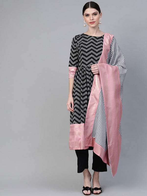 Women's  Black & White Polka Dots Chevron Khari Printed Kurta With Trousers & Dupatta - Ahalyaa