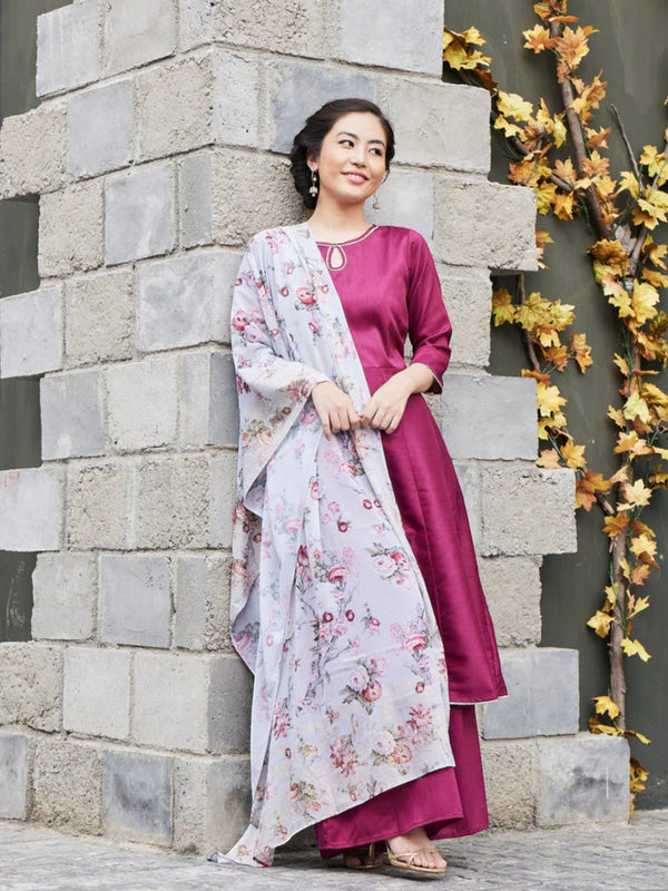 Magenta & Grey Solid Anarkali Kurta with Palazzos & Floral Dupatta