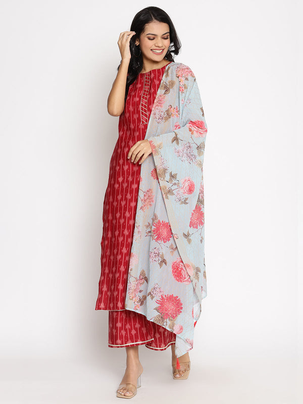 Women's Cotton Printed Kurta Plazzo With Dupatta Set- Ahalyaa