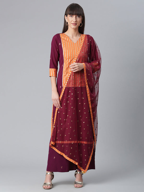 Women's Crepe Wine Kurta With Pant And Dupatta  - Ahalyaa