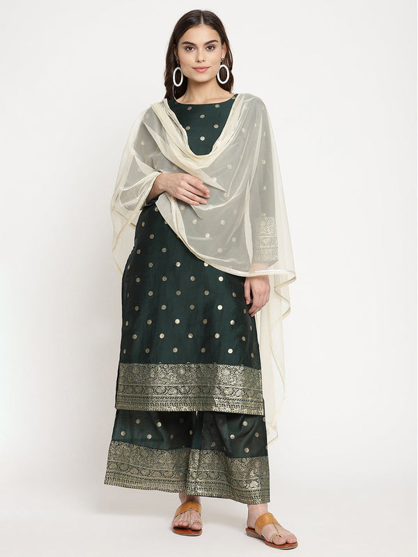 Women's Dark Green Gold Print Kurta Palazzo Set With Dupatta- Ahalyaa