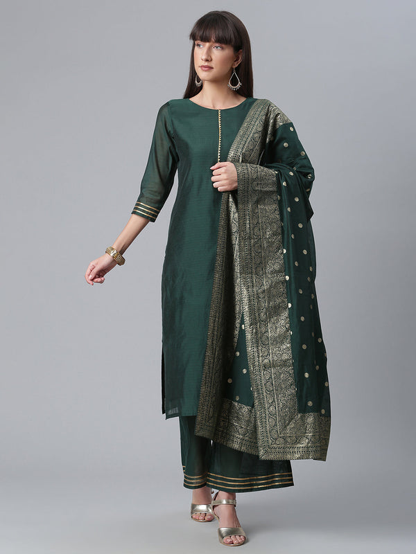 Women's Chanderi Green Kurta With Palazzo And Dupatta  - Ahalyaa