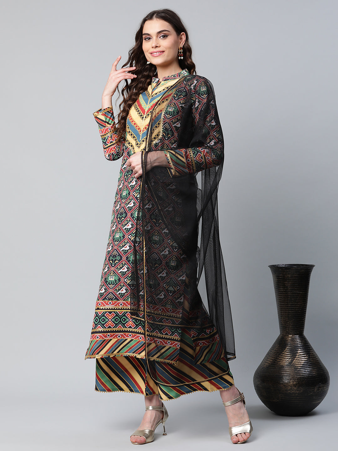 Women's Multi Colour Crepe Digital Patola Printed Kurta Palazzo Set With Dupatta - Ahalyaa