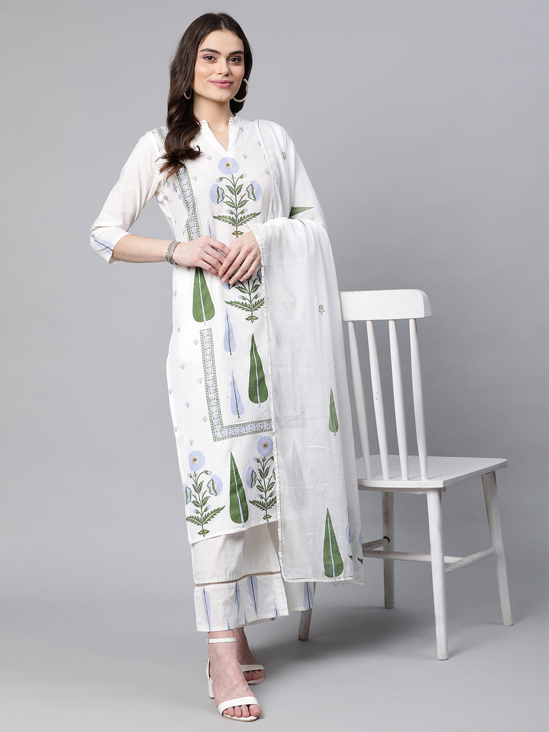 Women's Off White Colour Pure Cotton Printed Kurta Palazzo Set With Dupatta - Ahalyaa