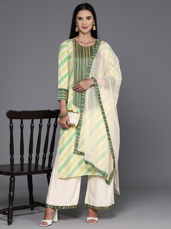 Women's Leheriya Printed Beads & Stones Kurta With Palazzos & Dupatta - Ahalyaa