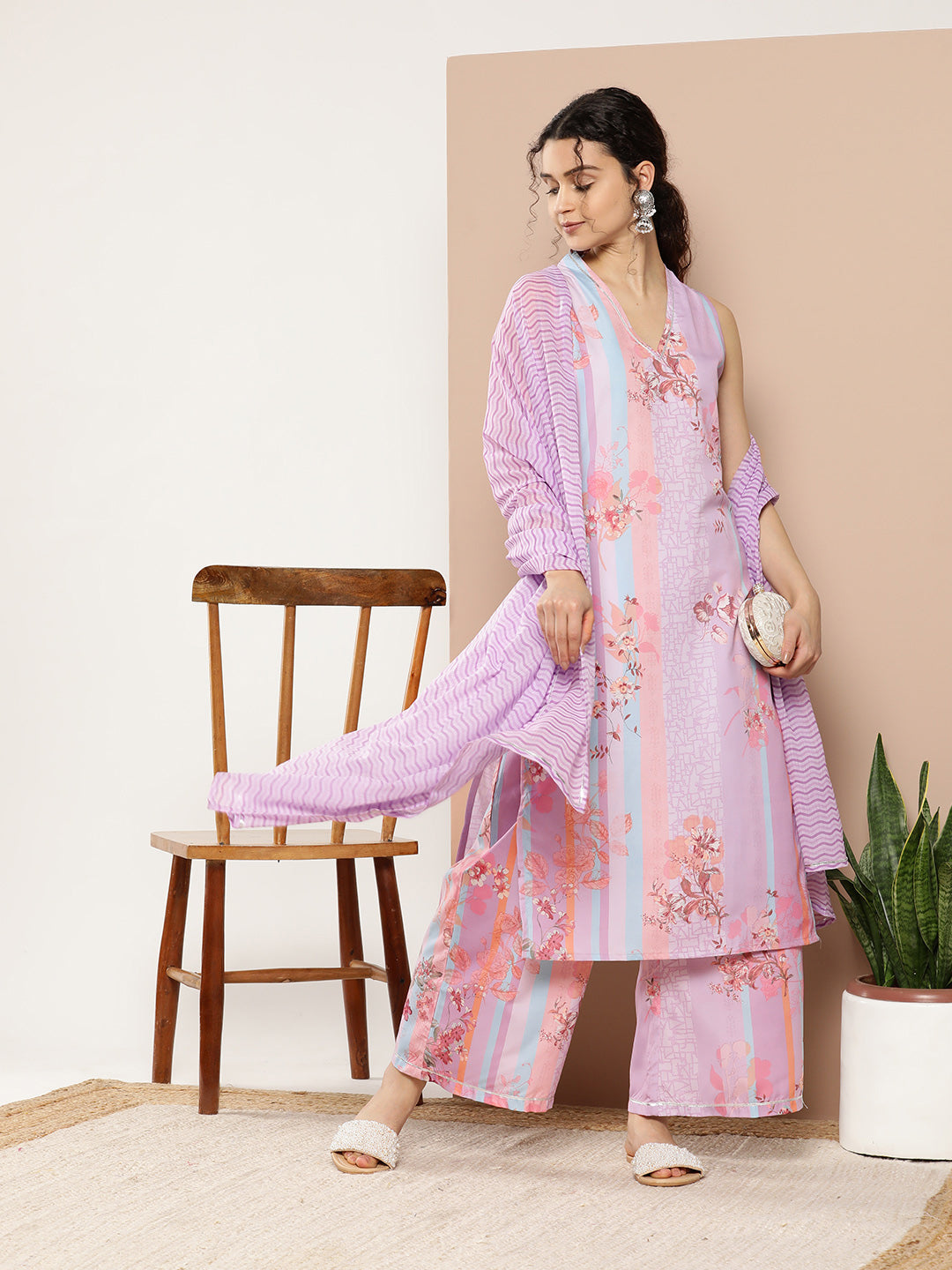 Women's Lavender Poly Crepe Kurta Palazzo Set With Dupatta - Ahalyaa