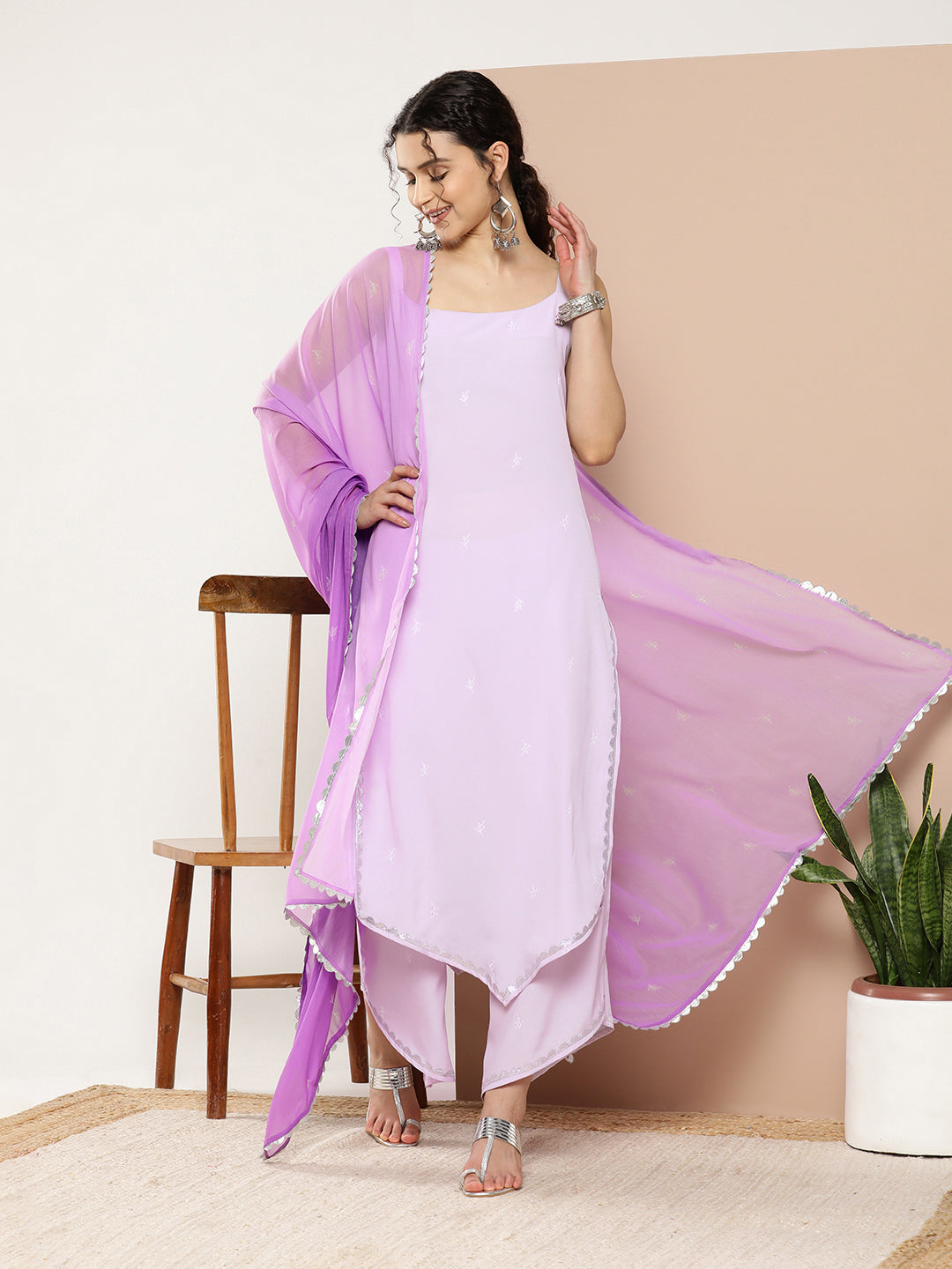 Women's Lavender Poly Crepe Kurta Palazzo Set With Dupatta - Ahalyaa