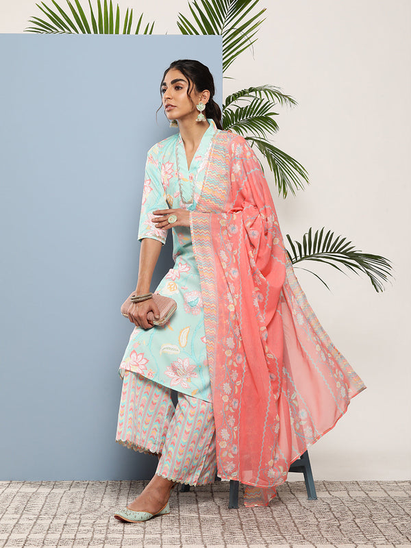 Blue Floral Printed Gotta Patti Kurta with Palazzos & With Dupatta