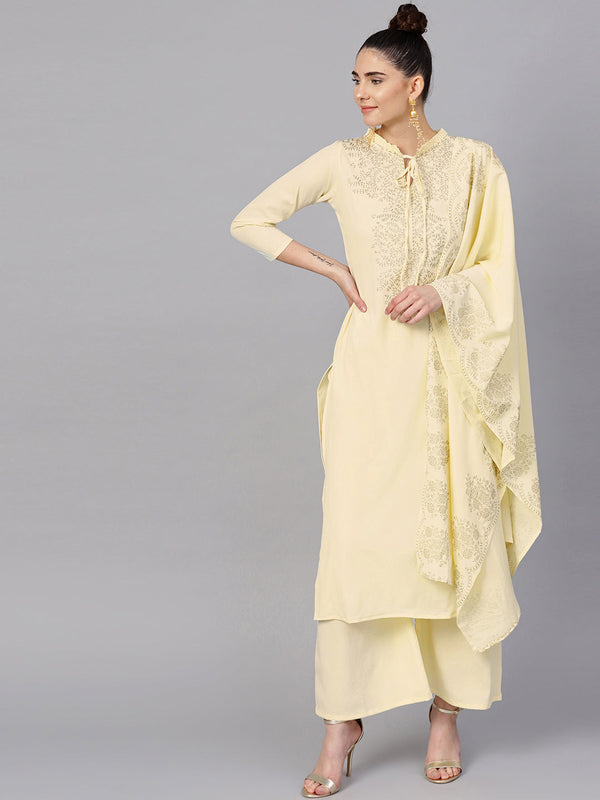 Women's S Cream Straight Kurta Sets - Ahalyaa