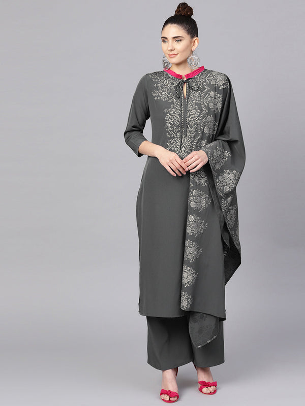 Women's S Grey Straight Kurta Sets - Ahalyaa