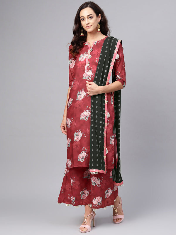 Women's Maroon & Geen Floral Kurta Set - Ahalyaa