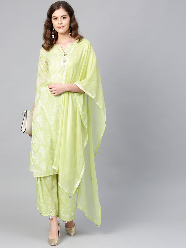 Women's Green And White Printed Kurta Set  - Ahalyaa