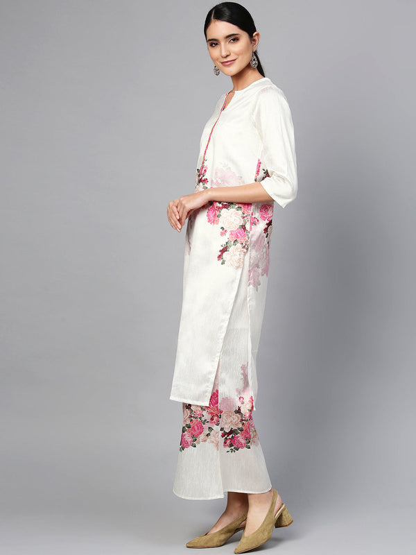 Women's Off White Printed Straight Kurta Set  - Ahalyaa