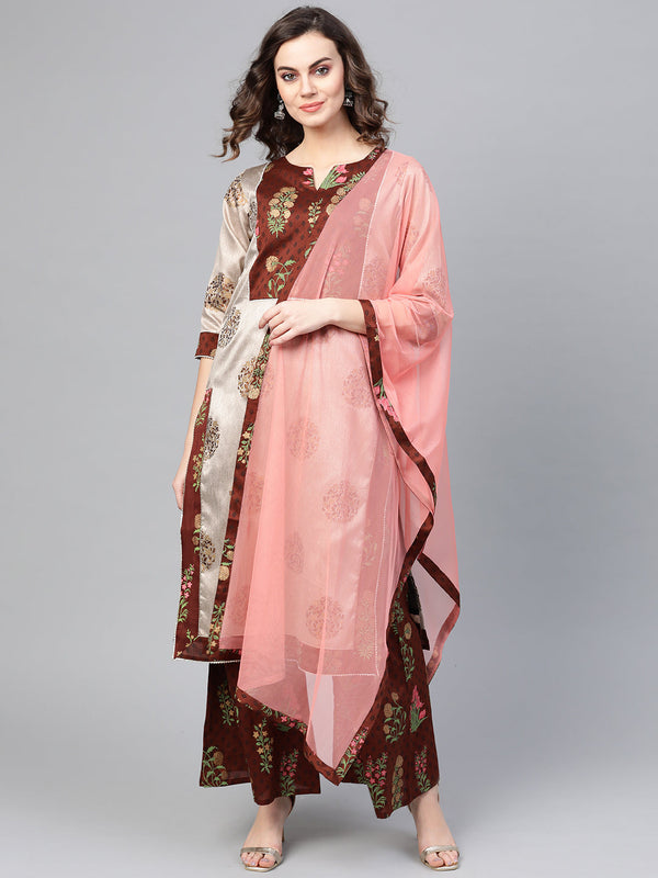 Grey & Coffee Brown Printed Kurta with Palazzo & Dupatta