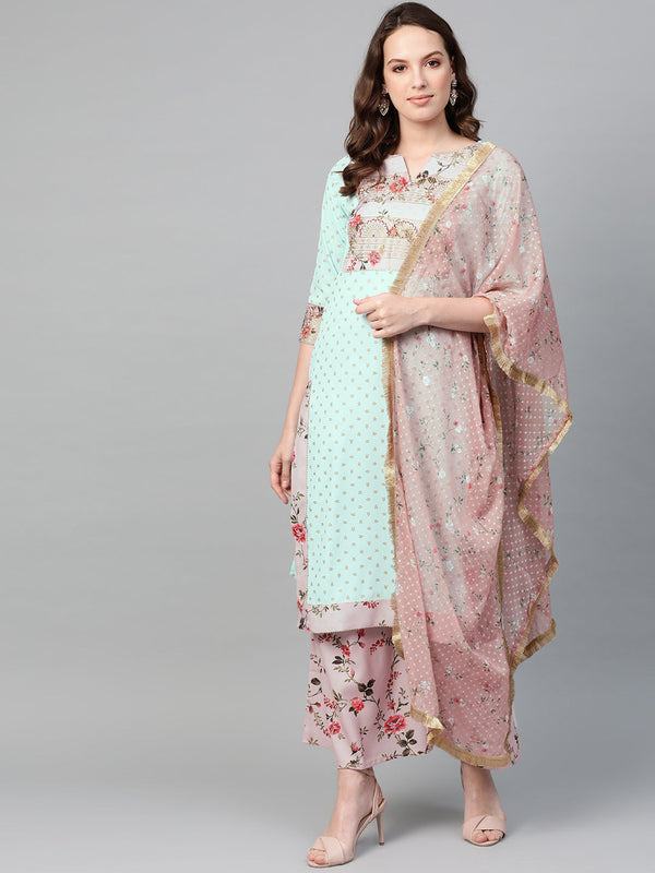 Sea Green & Pink Printed Straight Kurta with Palazzos & Dupatta