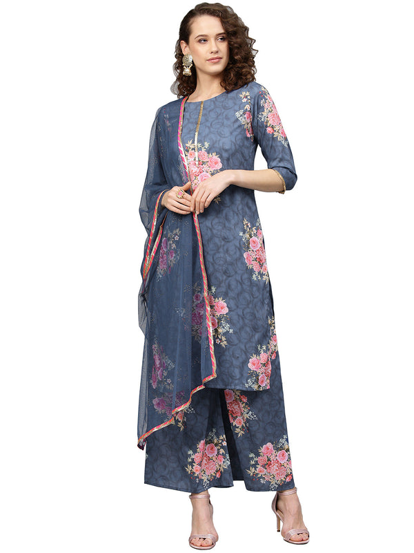 Women's Blue Muslin Printed Kurta Palazzo Set With Dupatta- Ahalyaa