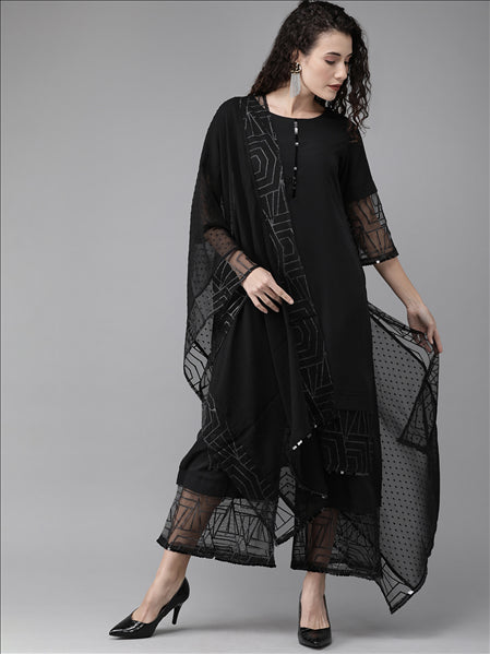 Women's Solid Black Kurta Palazzo Set With Dupatta- Ahalyaa