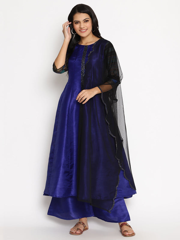 Women's S Blue Muslin Kurta Set  - Ahalyaa