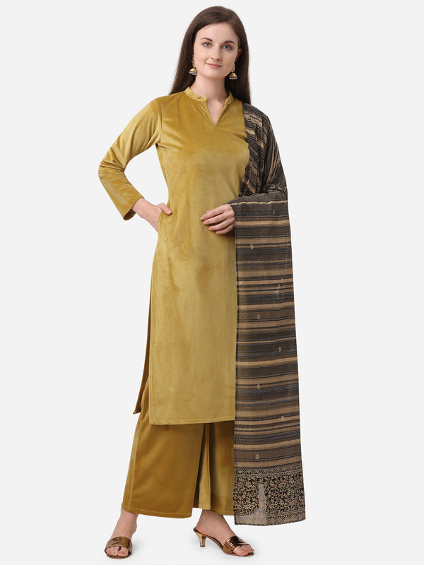 Women's Mustard Plain Velvet Kurta With Palazzo- Ahalyaa