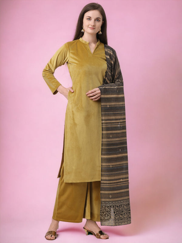 Dark Mustard Solid Velvet Kurta Set with Dupatta