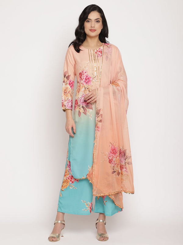 Women's Peach-Coloured Floral Printed Kurta Palazzo Set With Dupatta- Ahalyaa