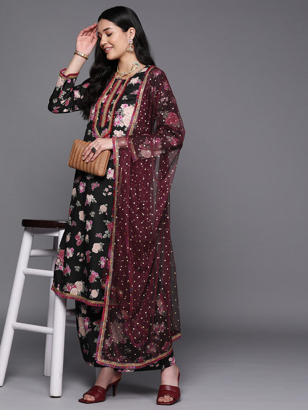 Women's Black Floral Printed Gotta Patti Kurta With Palazzos & With Dupatta - Ahalyaa