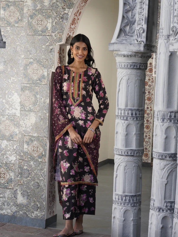 Black Floral Printed Gotta Patti Kurta with Palazzos & With Dupatta