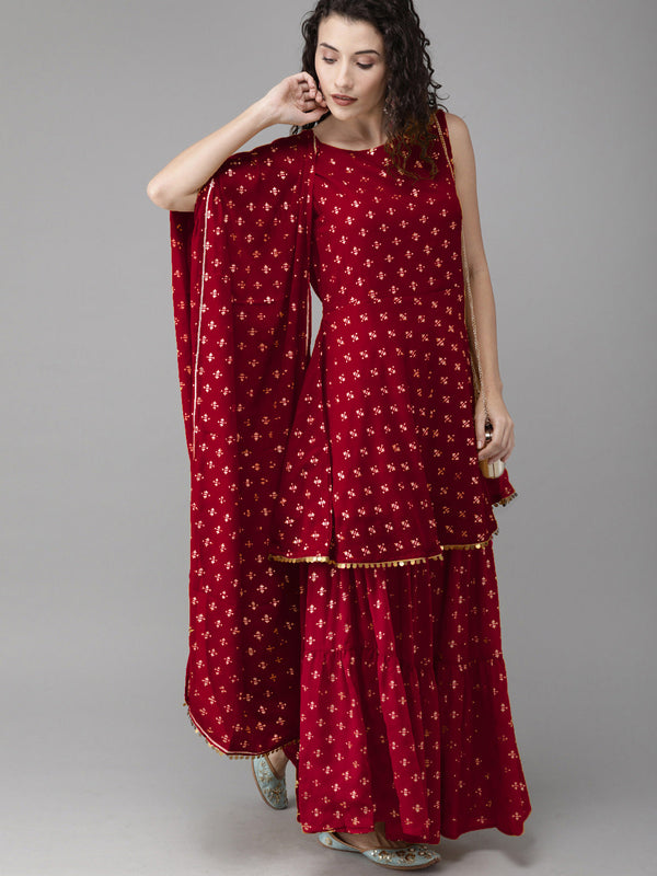 Women's Maroon & Gold-Toned Printed Sharara Set With Dupatta