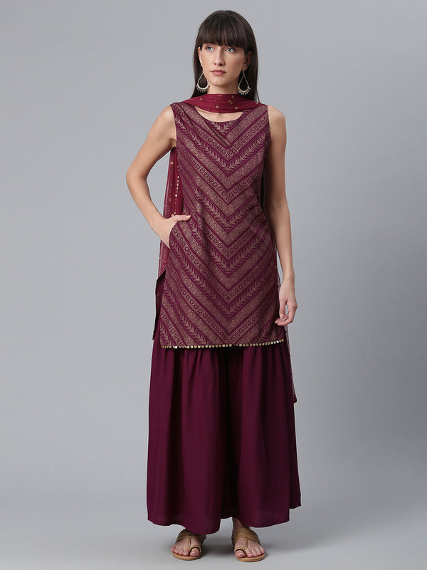 Women's Crepe Wine Kurta With Sharara And Dupatta  - Ahalyaa