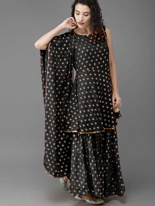 Women Black Ethnic Motifs Printed Empire Kurta with Sharara & With Dupatta