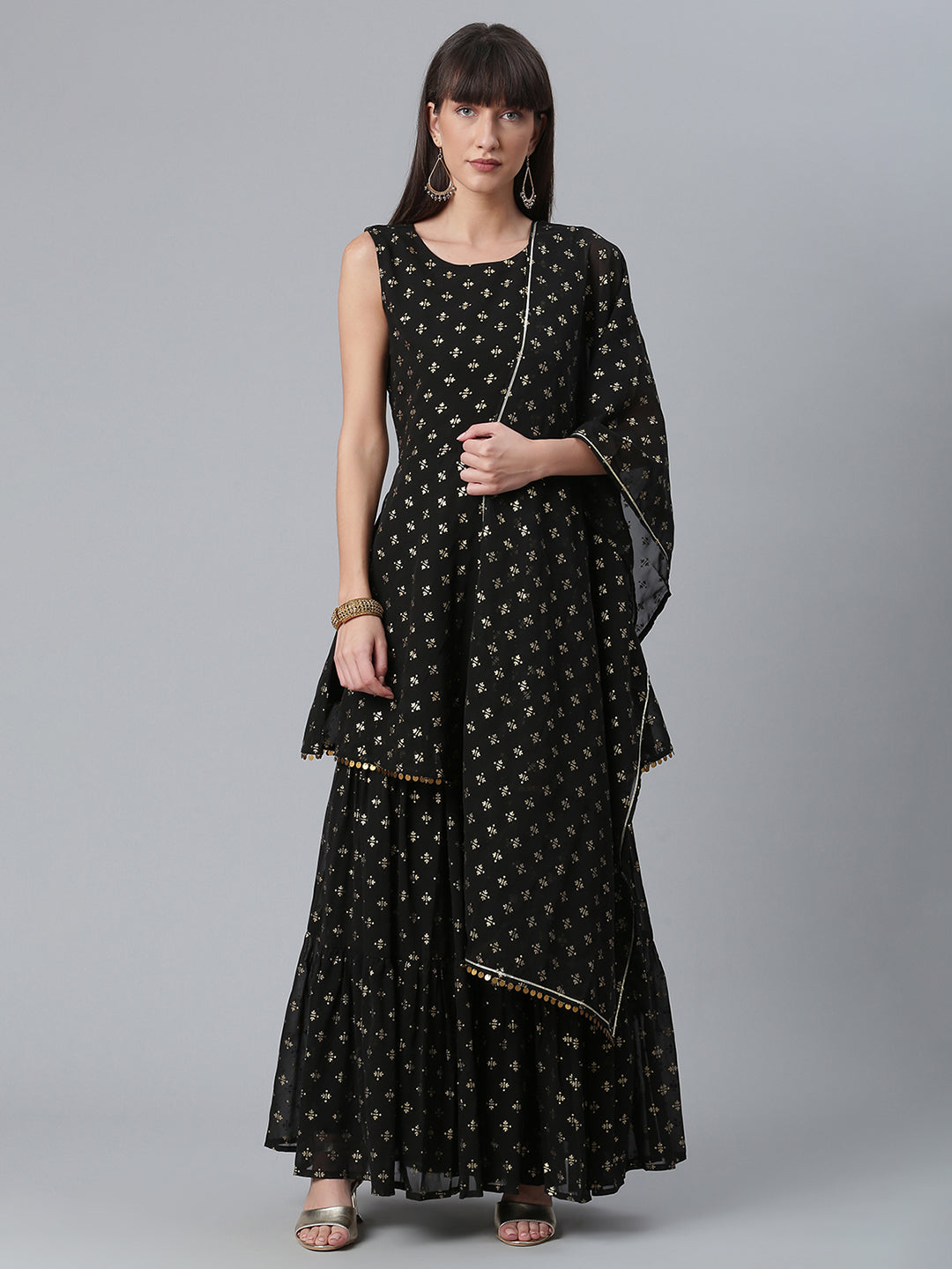 Women's Black Georgette Gold Foil Print Peplum Kurta Sharara Set With Dupatta - Ahalyaa