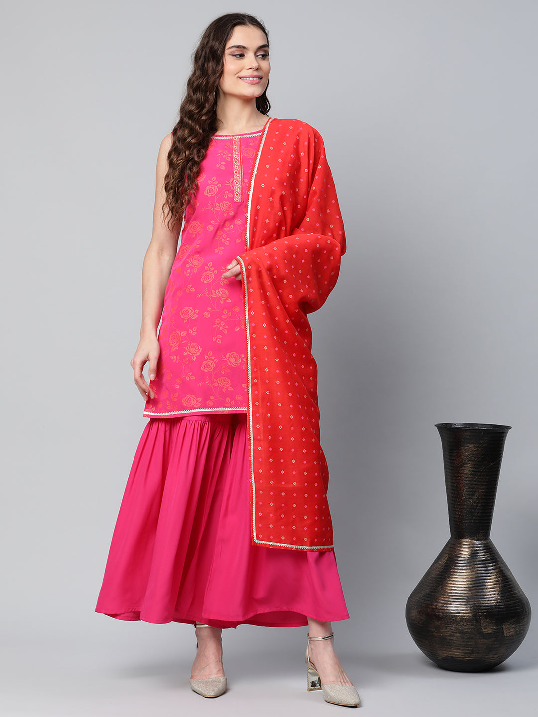 Women's Pink Crepe Orange Khari Print Kurta Sharara Set With Dupatta - Ahalyaa