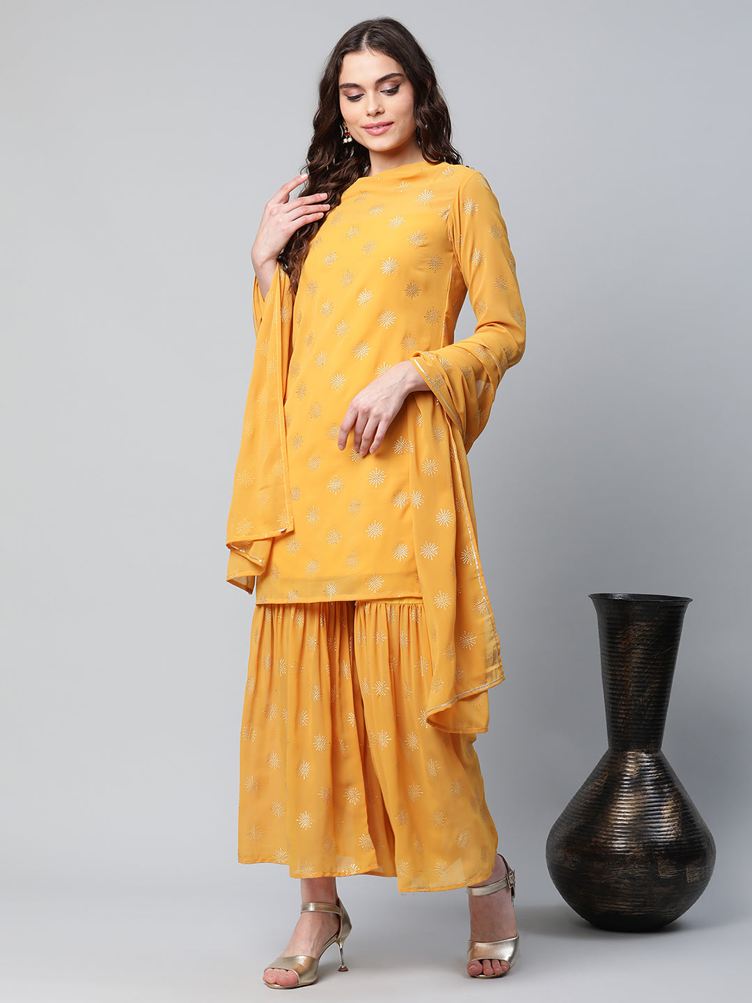 Women's Mustard Georgette Gold Foil Printed Kurta Sharara Set With Dupatta - Ahalyaa