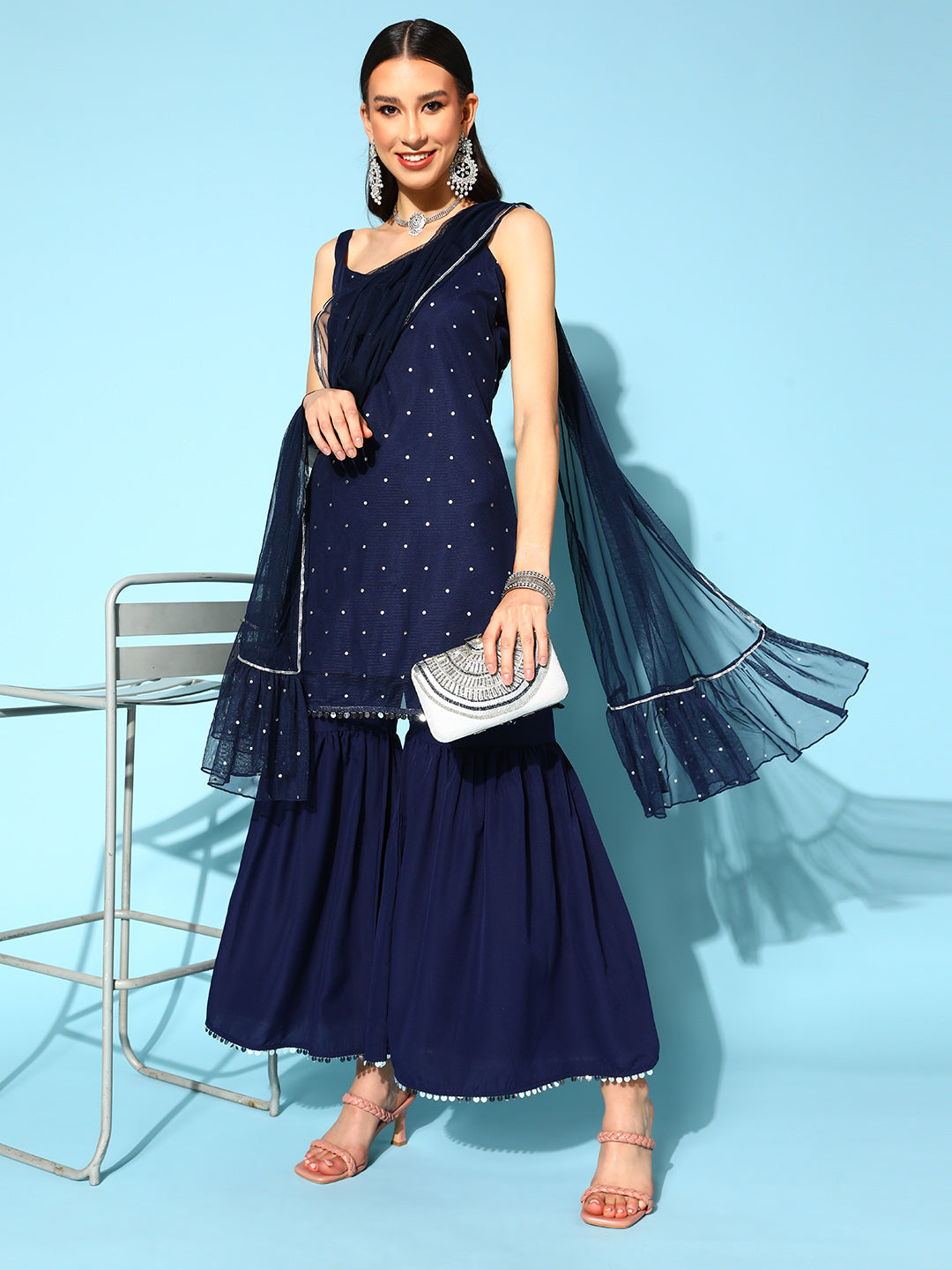 Women's Navy Blue Colour Crepe Foil Printed Kurta Sharara Set With Dupatta - Ahalyaa