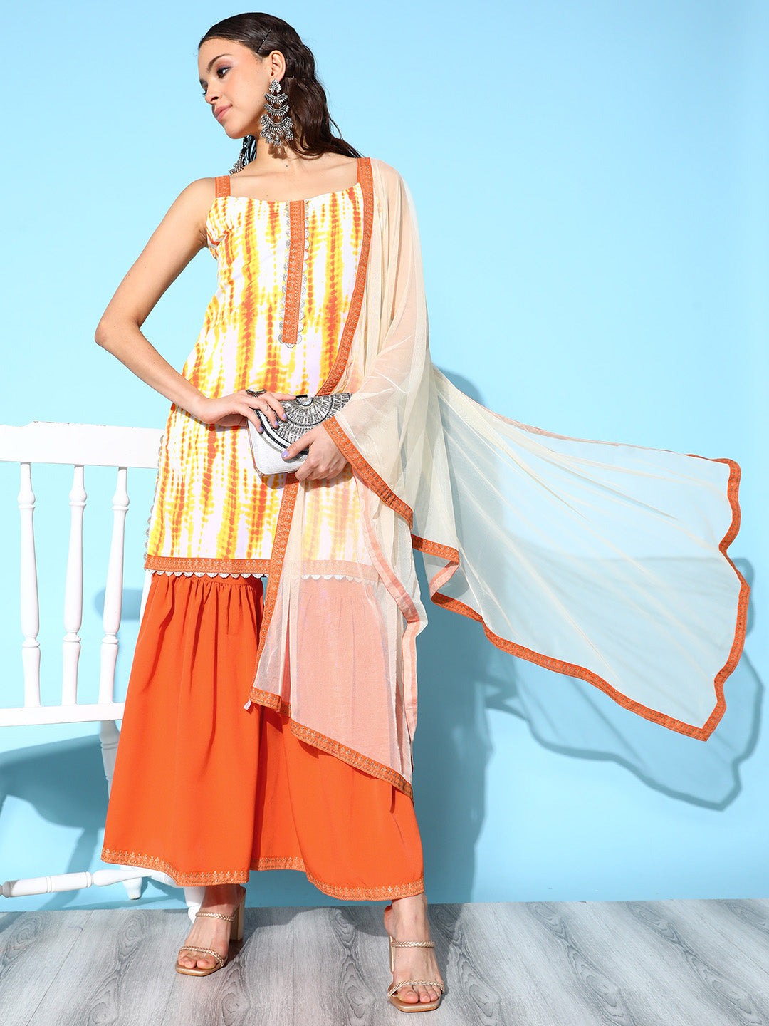 Women's Orange Crepe Printed Kurta Sharara Set With Dupatta - Ahalyaa