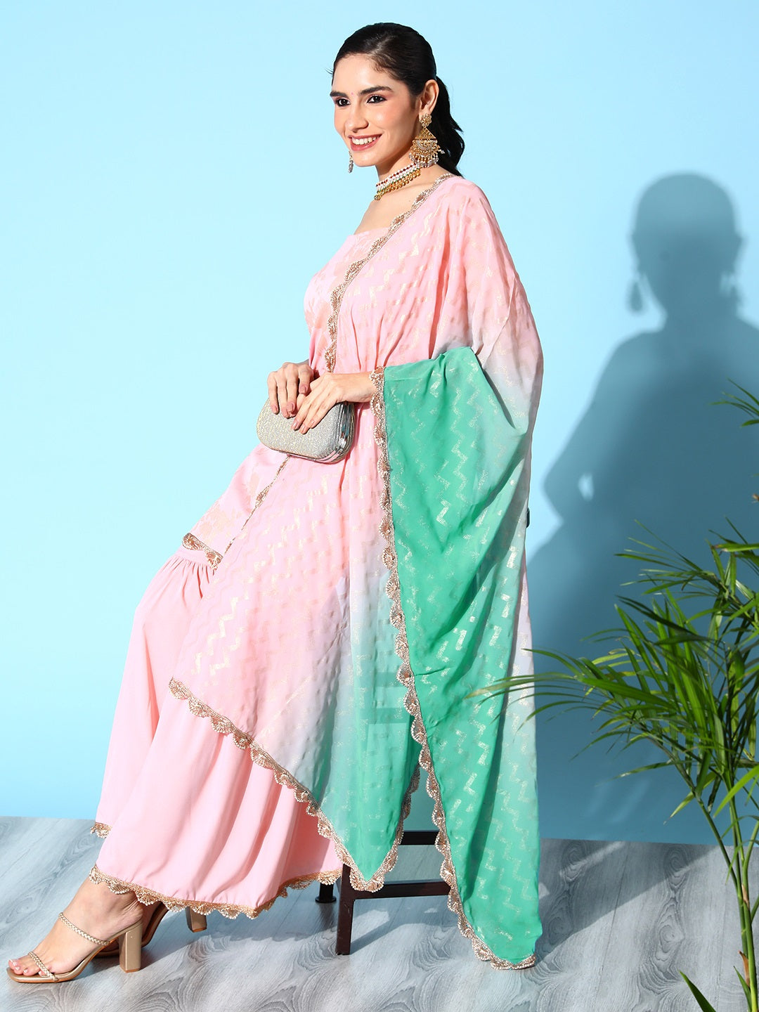 Women's Baby Pink Crepe Gold Smoke Printed Kurta Sharara Set With Dupatta - Ahalyaa