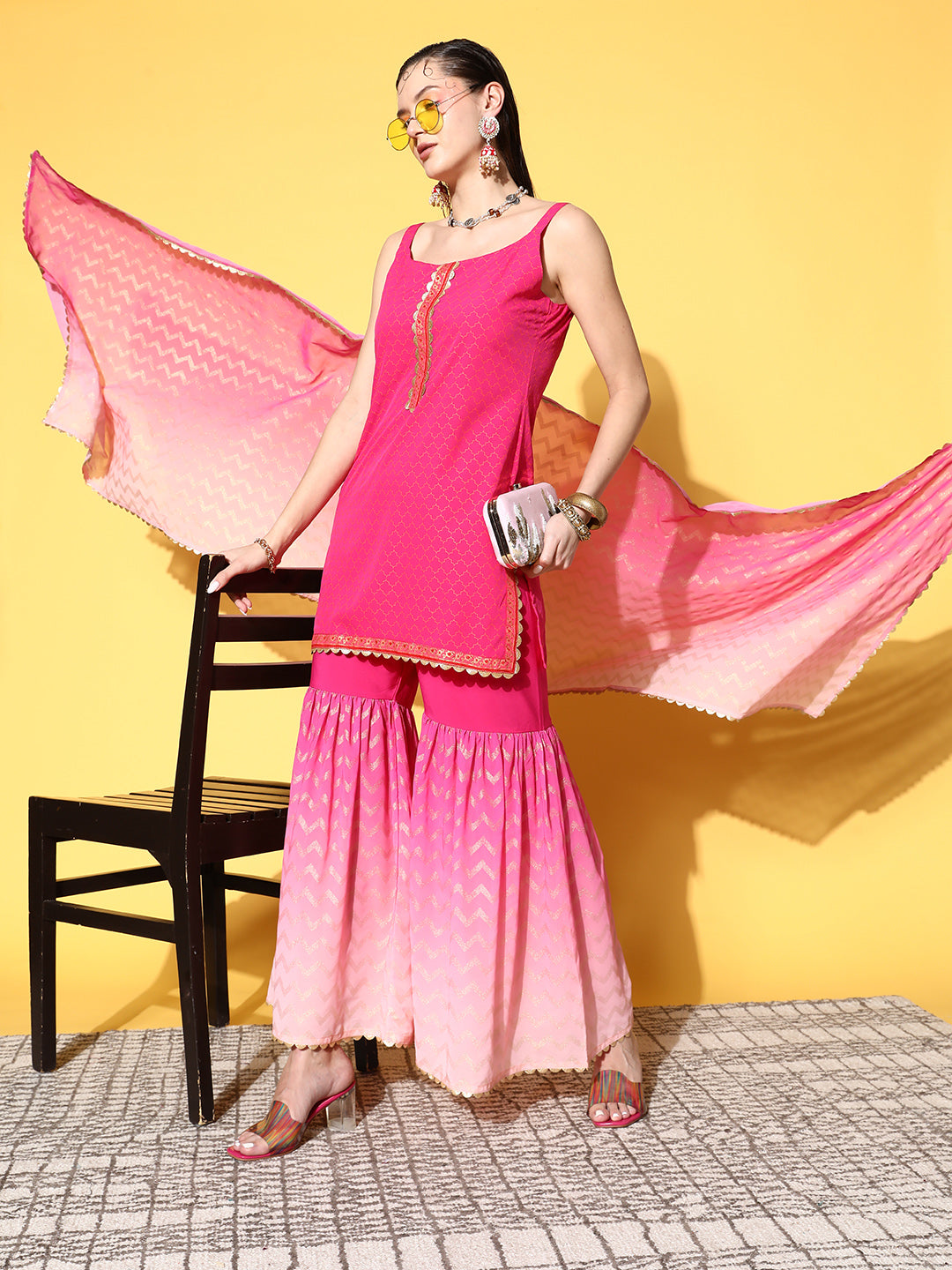 Women's Pink Poly Crepe Kurti Sharara Set With Dupatta - Ahalyaa