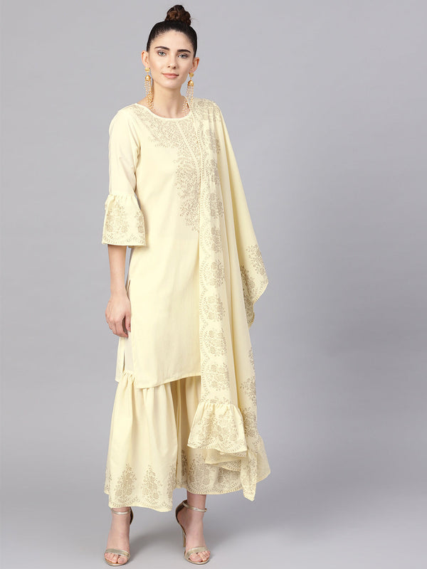 Women's S Cream Straight Kurta Sets - Ahalyaa