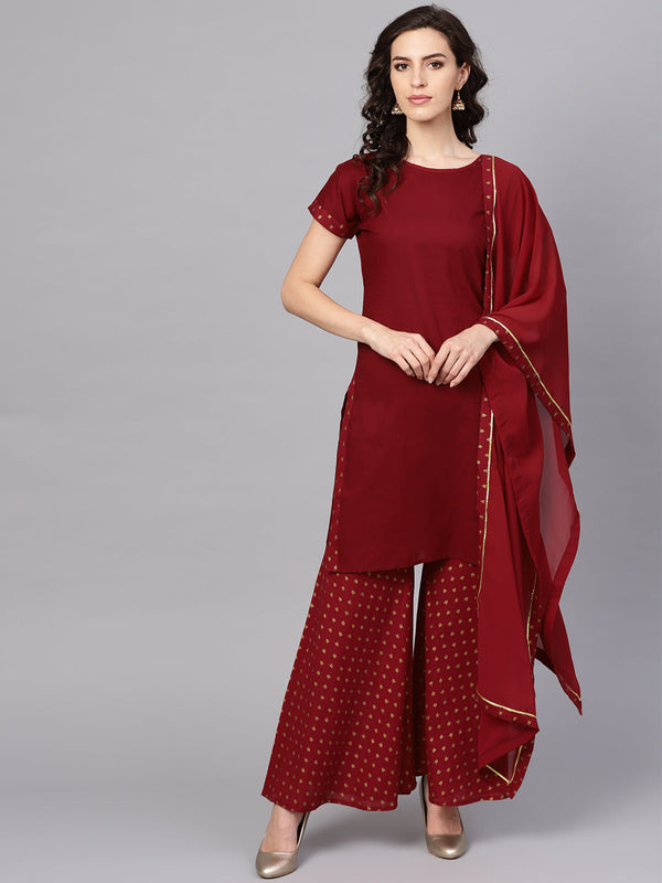 Women's S Maroon Straight Kurta Sets - Ahalyaa