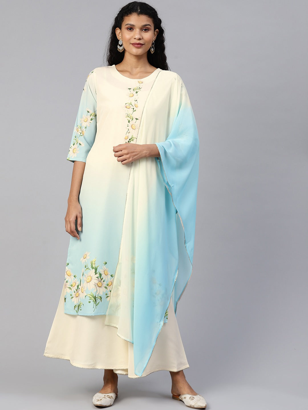 Women's Cream Crepe Printed Kurta Sharara Set With Dupatta - Ahalyaa