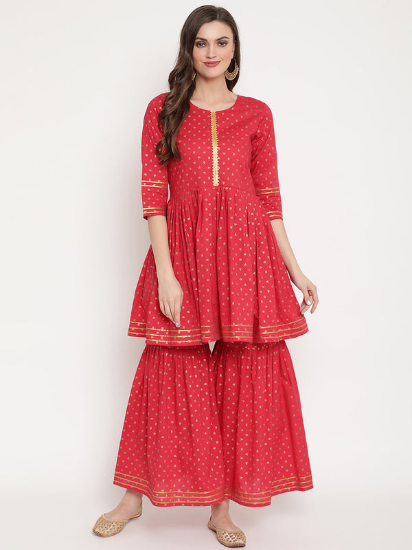 Women's Red Cotton Gold Print Kurta Sharara Set- Ahalyaa