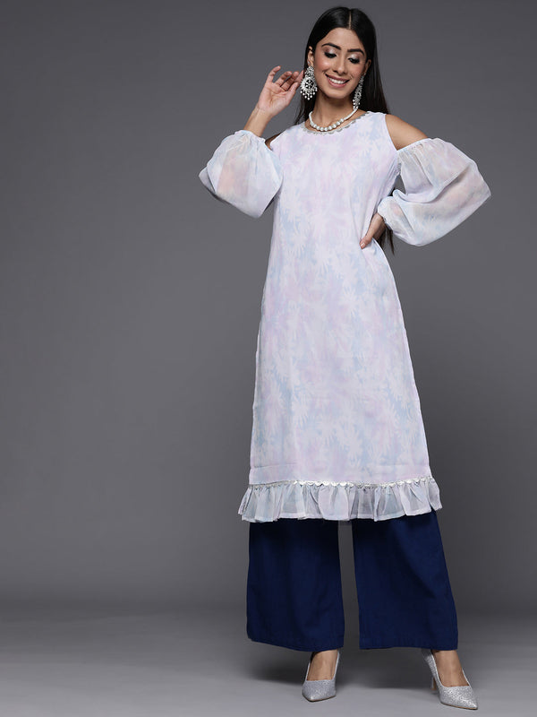 Jashvi Women Blue & White Floral Printed Cold-Shoulder Sleeves Gotta Patti Georgette Kurta