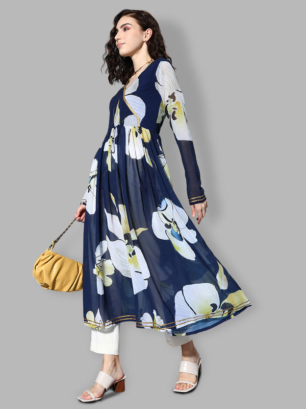 Women's Floral Printed Gotta Patti Georgette Kurta - Ahalyaa