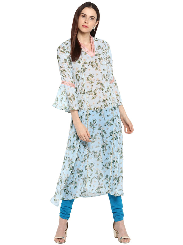 Women's Floral Flared Light Blue Transparent Kurta With Light Pink Highlights - Ahalyaa