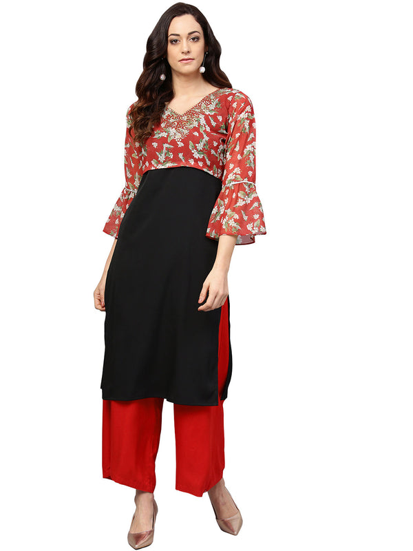 Women's Black & Red Printed Straight Only Kurta - Ahalyaa