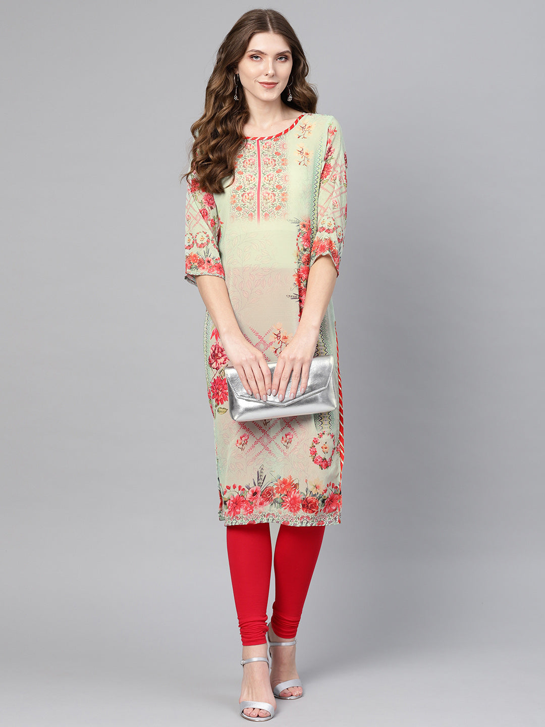 Women's Light Green Geogette Digital Print Kurta - Ahalyaa