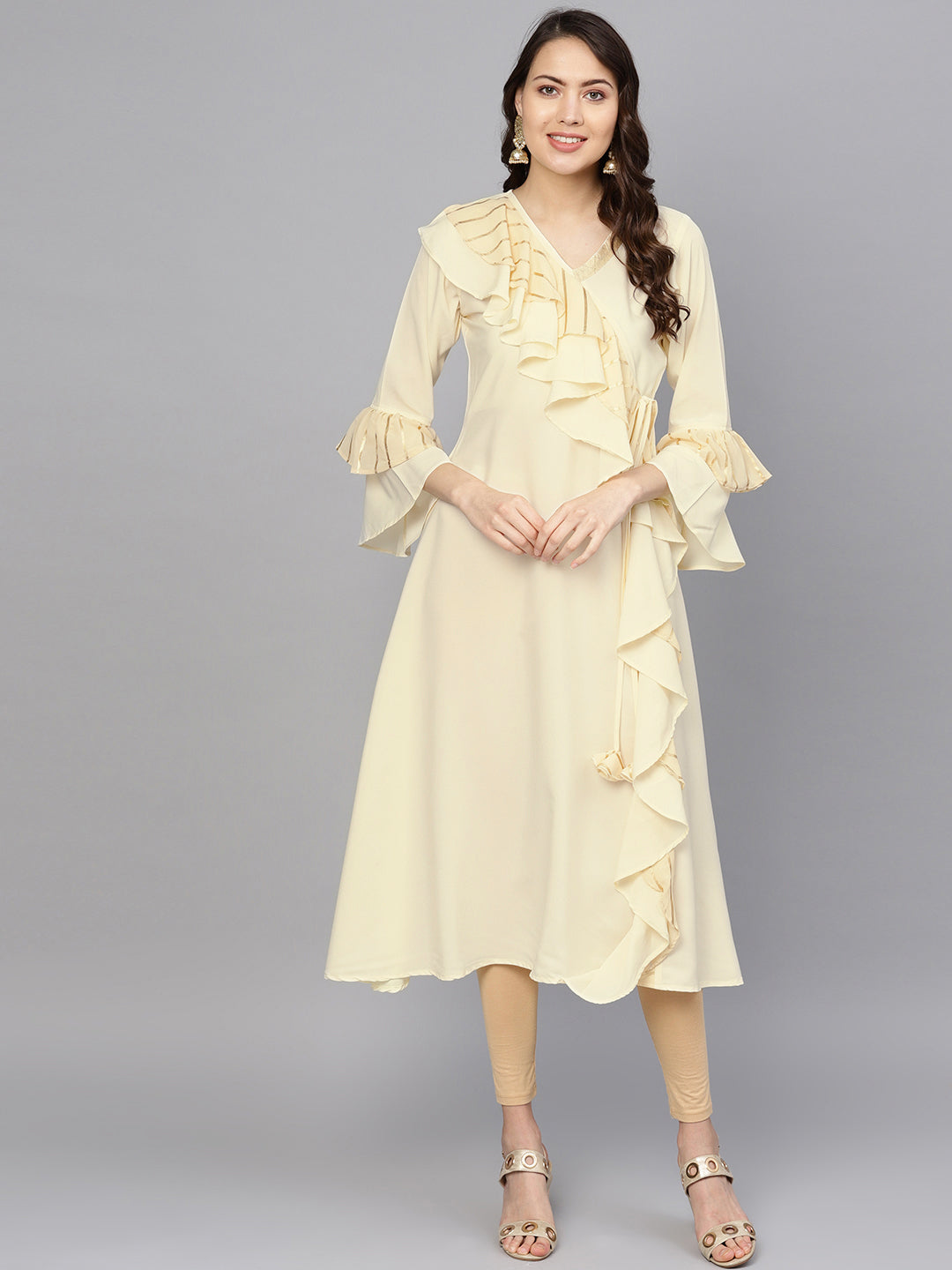 Women's Cream Crepe Angarkha Style Ruffled Kurta - Ahalyaa