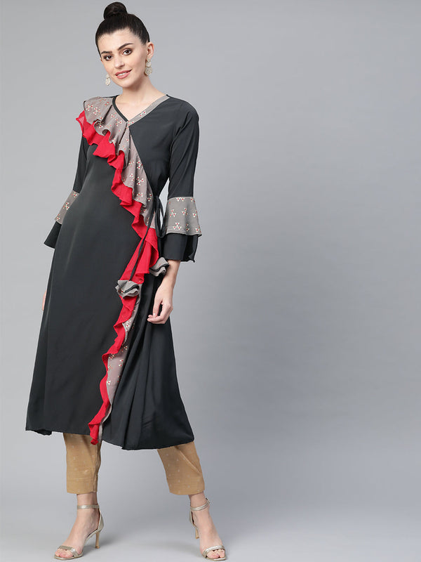 Women's Grey Angarkha Style Kurta From Ahalyaa - Ahalyaa