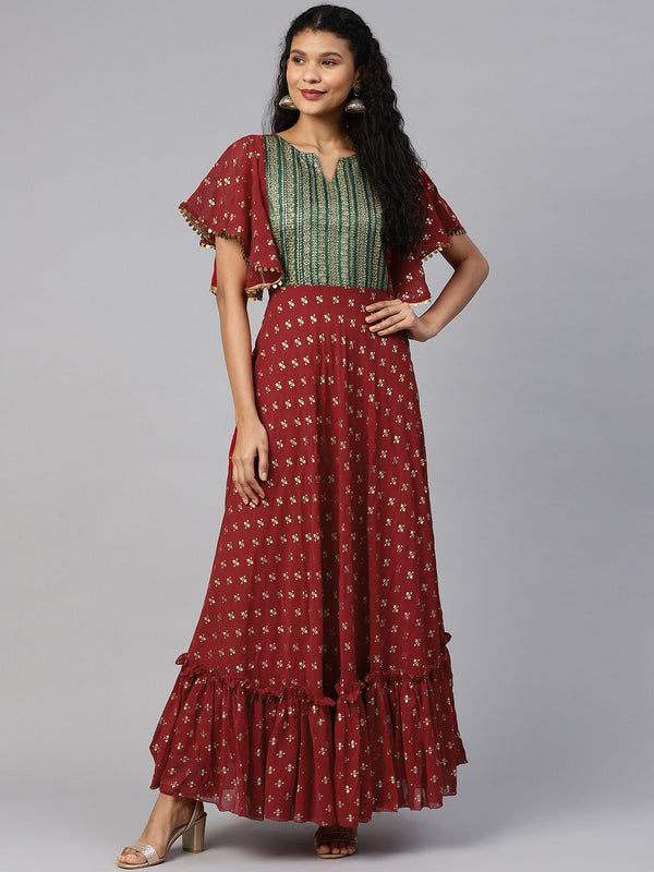 Women's Maroon Georgette Gold Printed Kurta - Ahalyaa