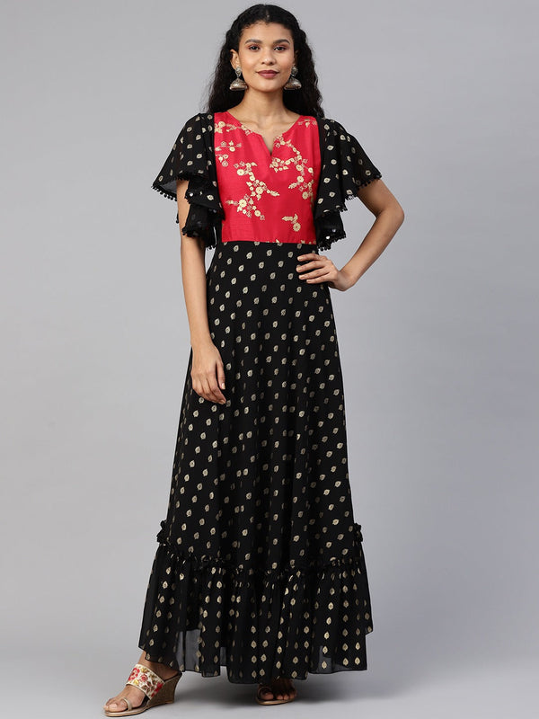 Women's Black Georgette Gold Printed Kurta - Ahalyaa